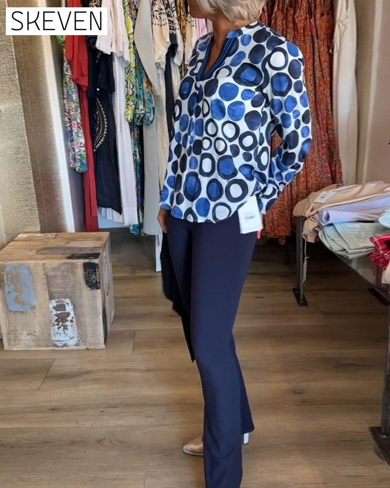 Langarmbluse mit Polka-Dot-Muster, V-Ausschnitt
