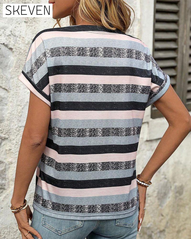 V-Neck Three-Button Striped T-Shirt