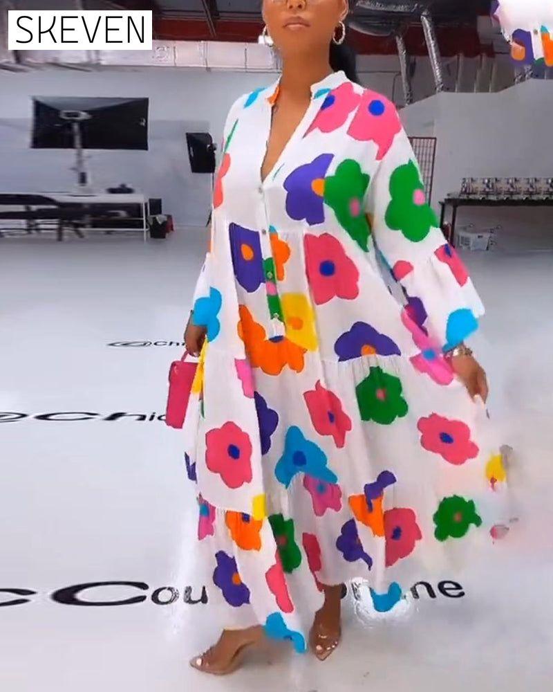 robe décontractée à manches cloche imprimée de fleurs colorées