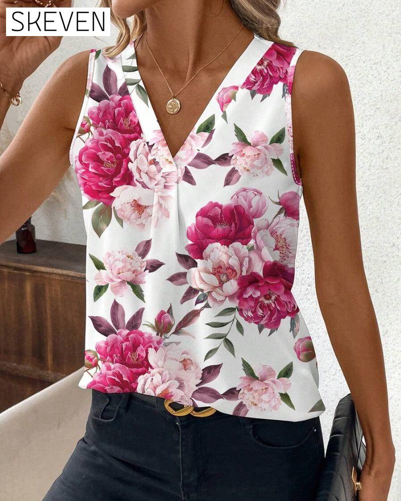 Ärmellose Bluse mit Rosenmuster und V-Ausschnitt