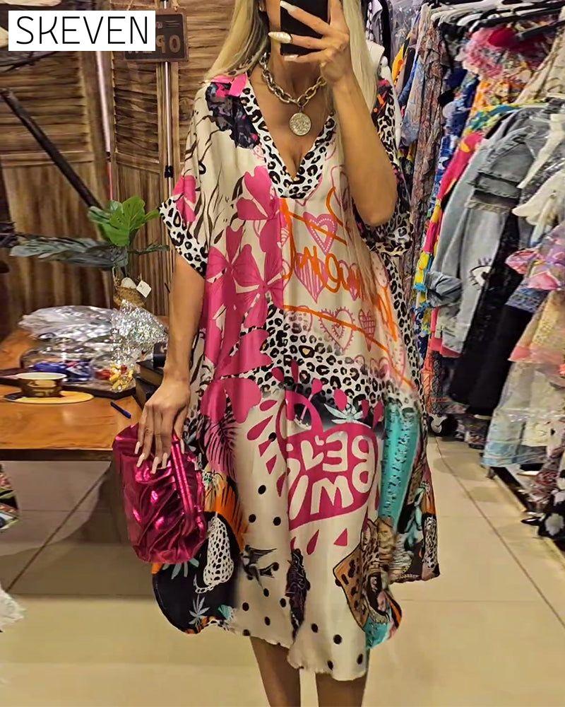 Casual leopard and colorful print deep V dress casual dresses spring summer