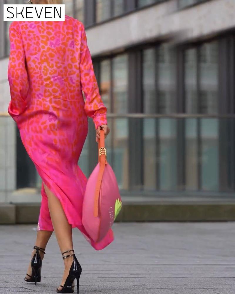 Long-Sleeved Leopard Print Slit Dress
