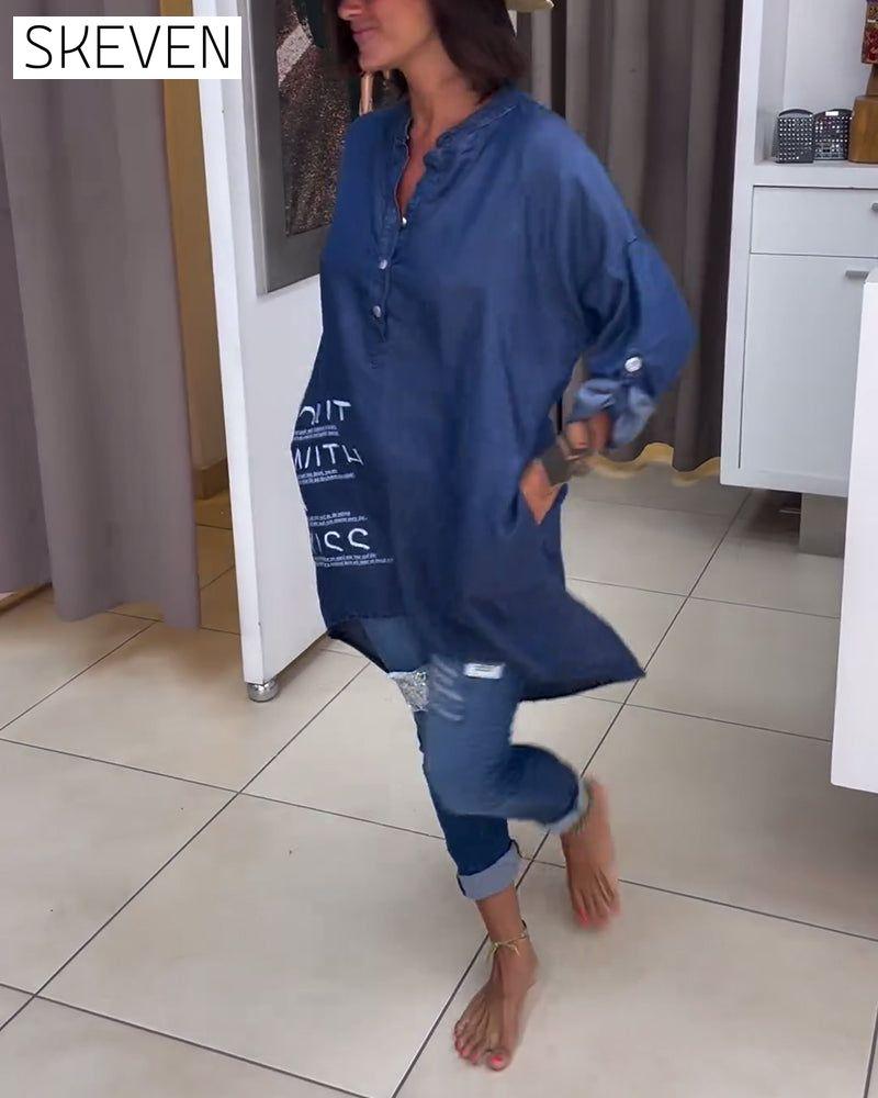 Letter print irregular button top