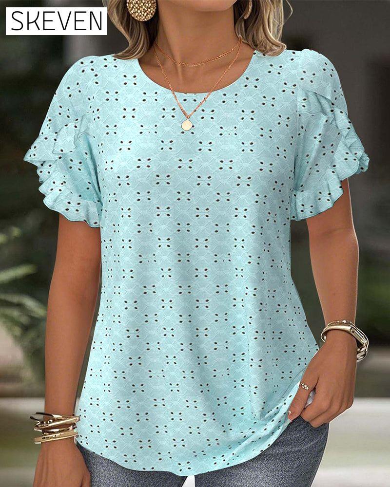 Ruffled Short Sleeve Hollow T-Shirt