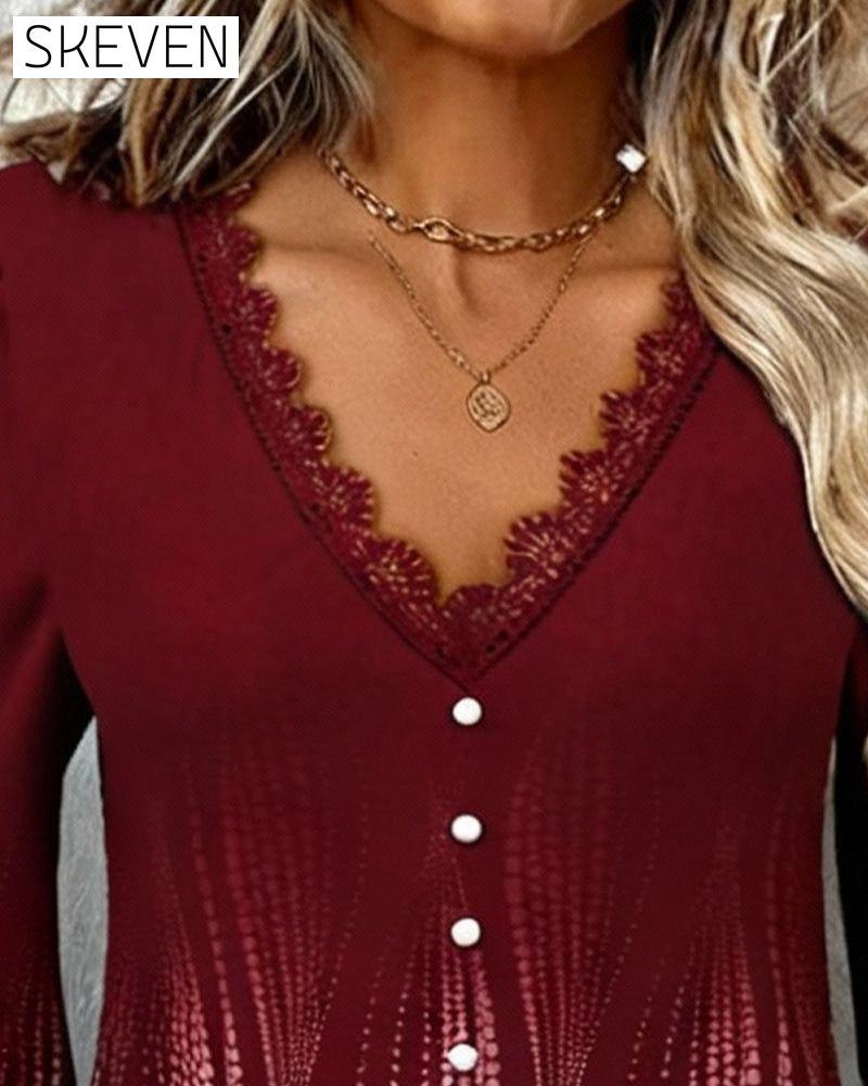 Puff Sleeve V-Neck Print Blouse