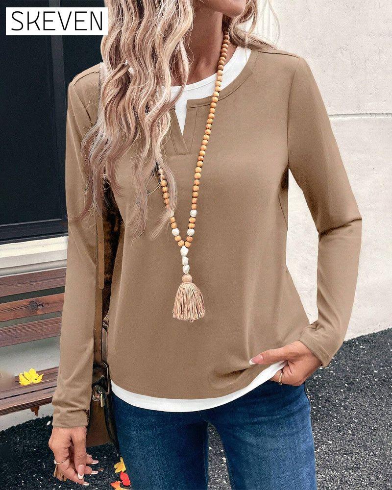 Long-Sleeved Fake Two-Piece Solid Color Top