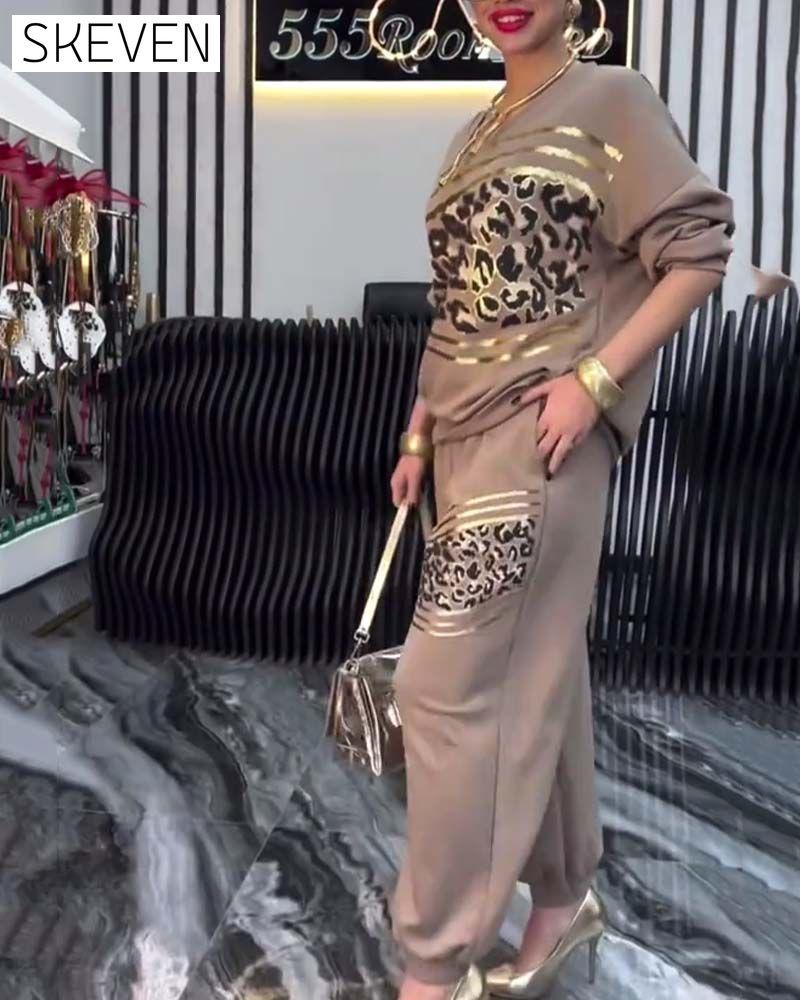 Leopard Print Casual Sweatshirt Set