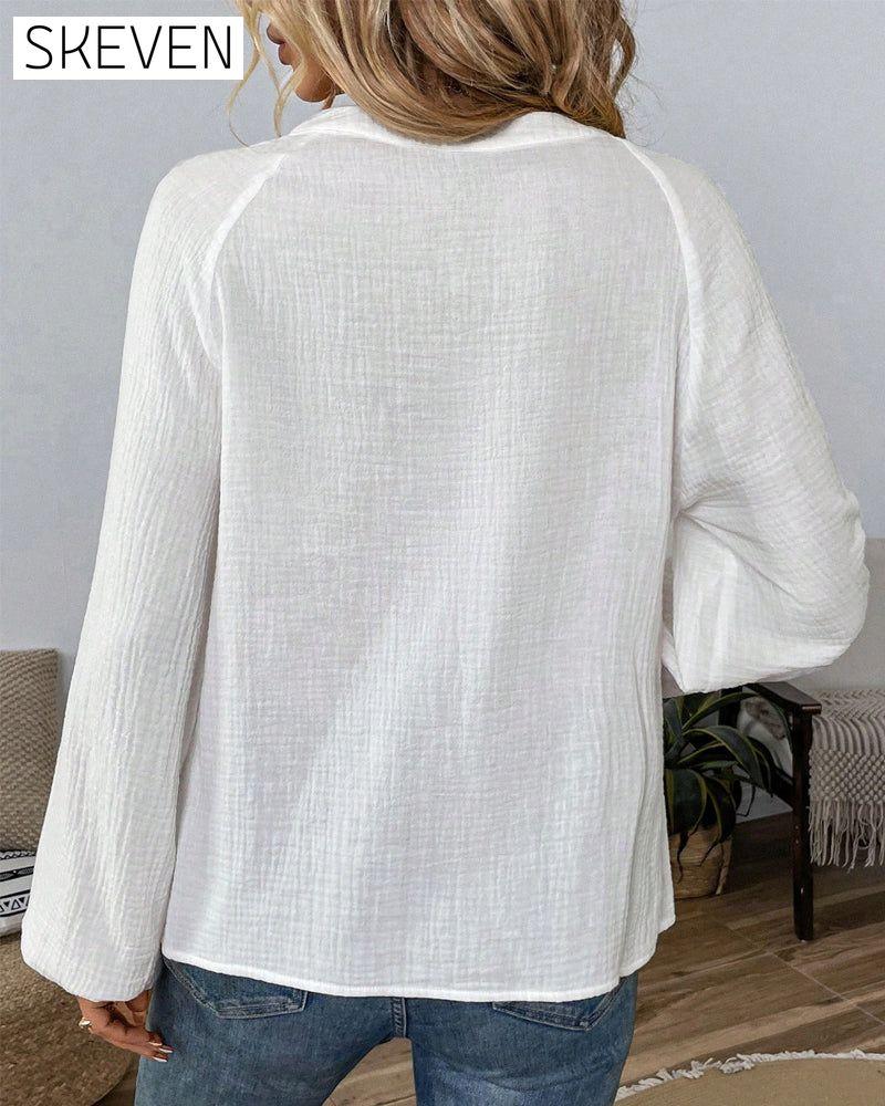 V-Neck Long-Sleeved Printed Casual Blouse