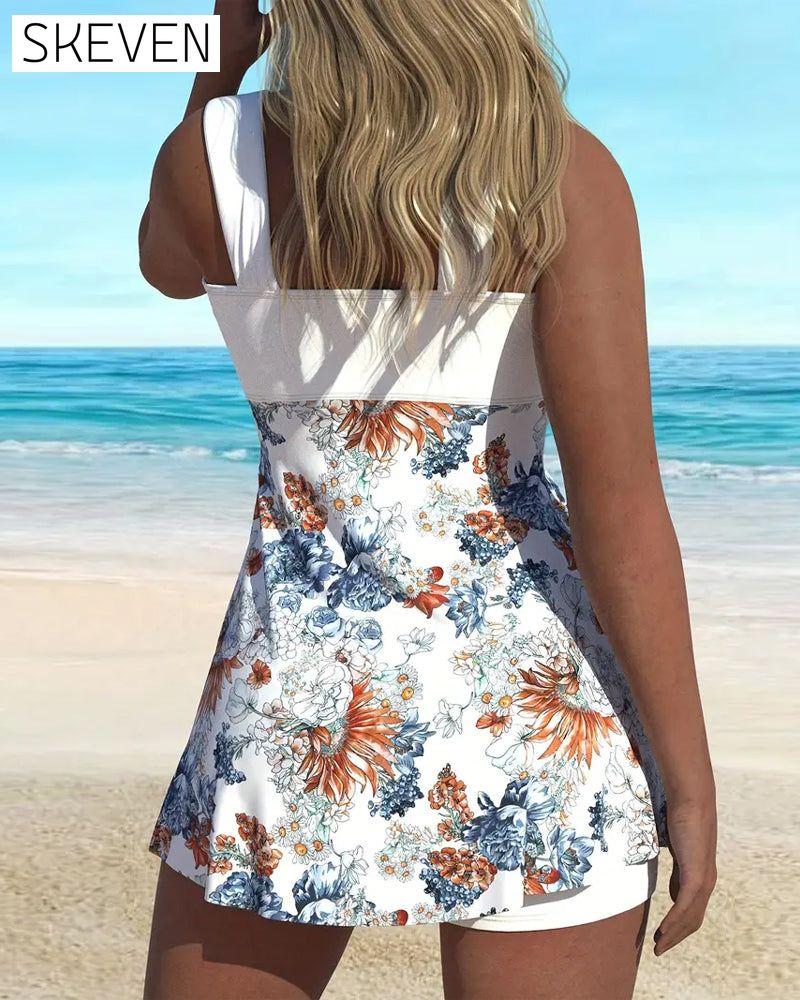One-Piece Contrast Floral Print Swimdress
