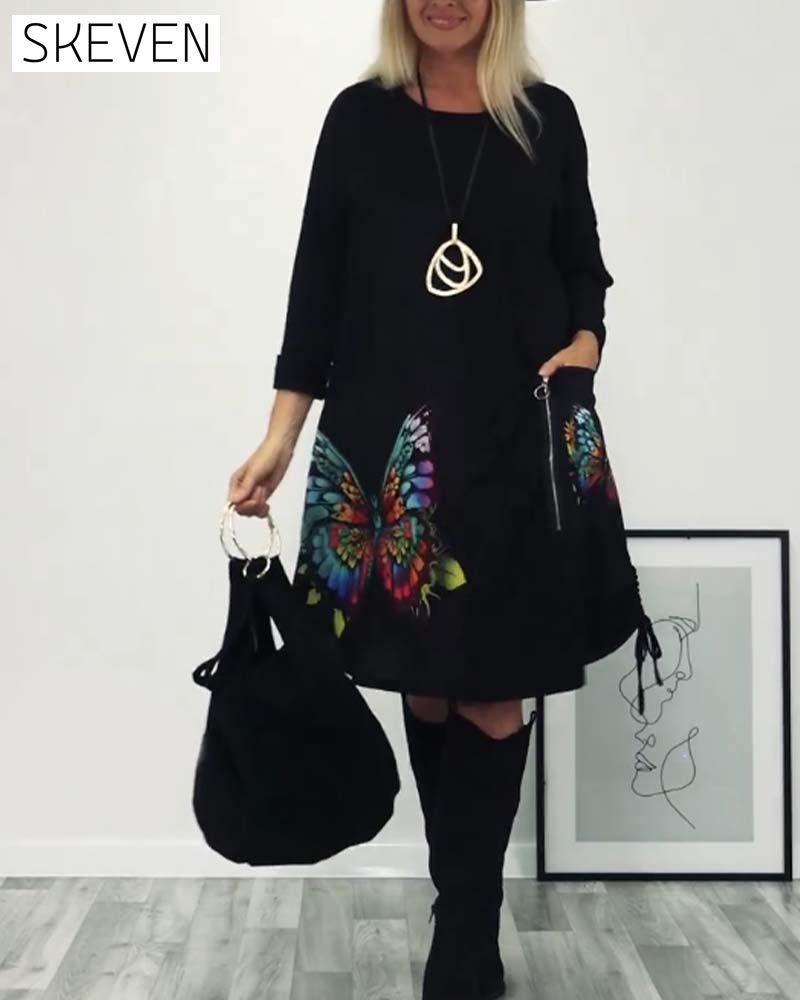 robe à manches longues imprimée papillon avec poches