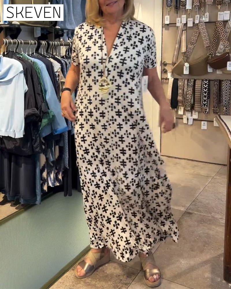 robe longue imprimée décontractée à col V et manches courtes