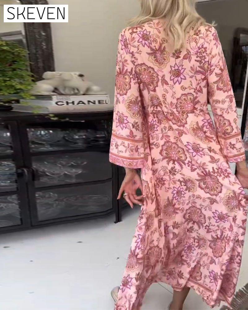 Elegantes bedrucktes Kleid mit V-Ausschnitt, Knopfleiste und Kordelzug