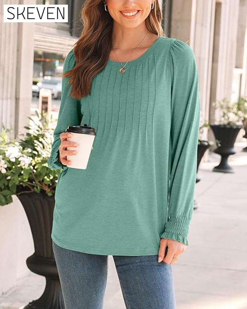 Balloon Sleeve Crewneck Pleated Top