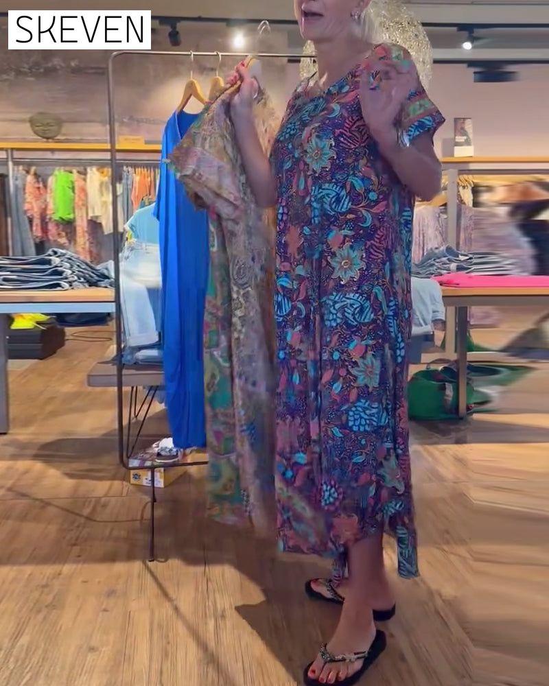 robe longue imprimée à manches courtes et col rond