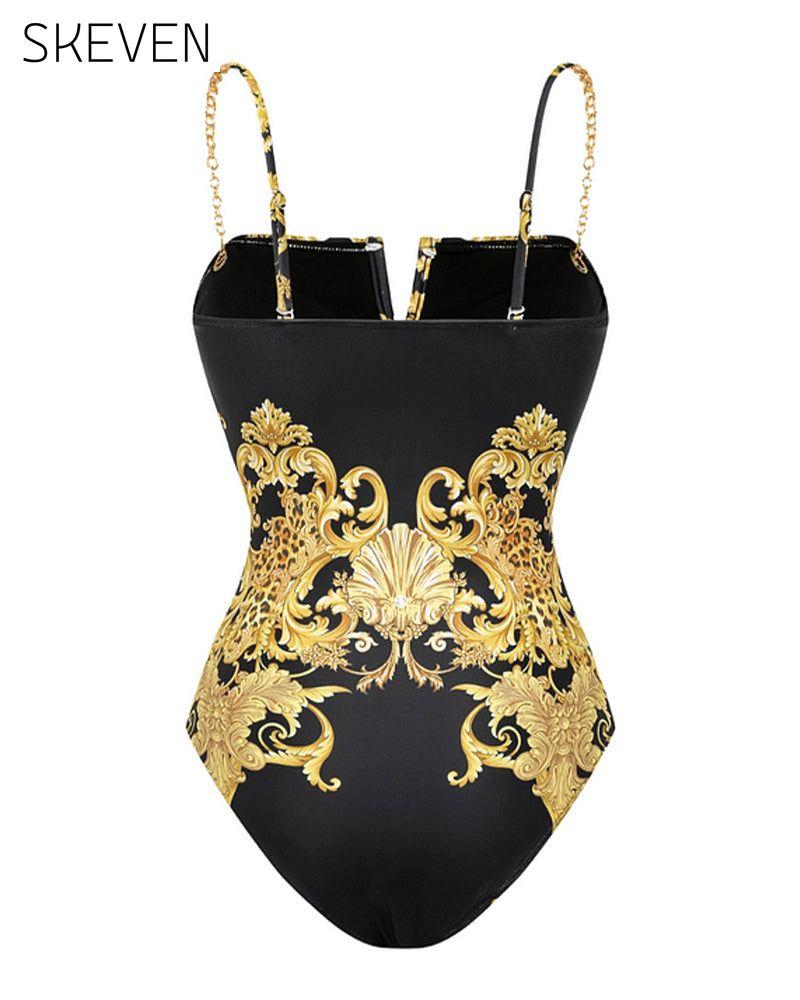 Vintage Badeanzug mit bedrucktem Mesh-Gewebe und Sonnenschutz