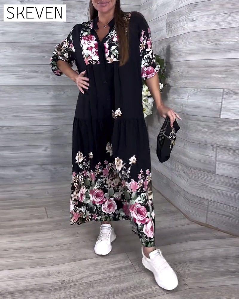 Floral Print Casual Lantern Sleeve Dress