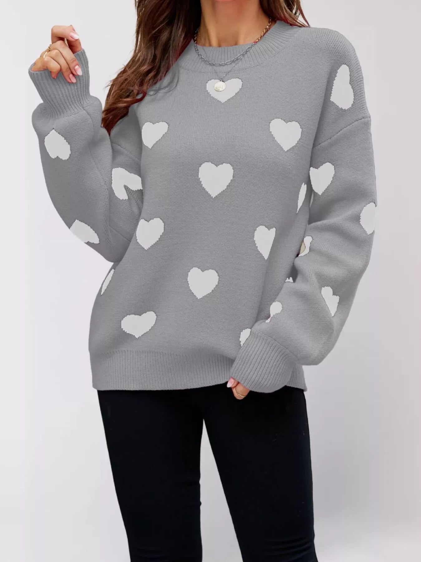 Heart-Patterned Dropped Shoulder Sweater
