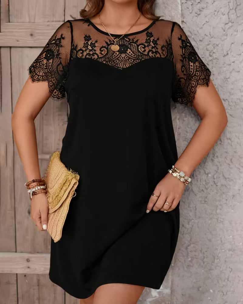 Lace Paneled Black Straight Dress