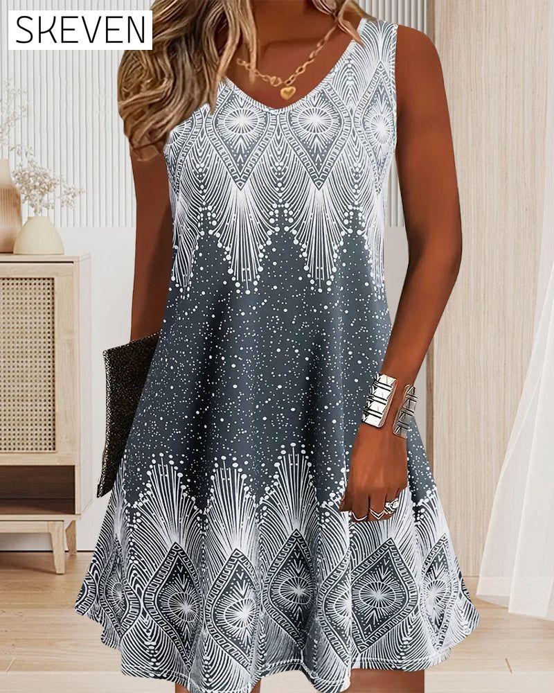 Ärmelloses bedrucktes Kleid mit V-Ausschnitt