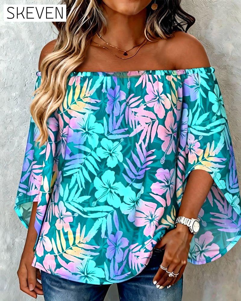 Off-The-Shoulder Batwing Sleeve Printed Blouse