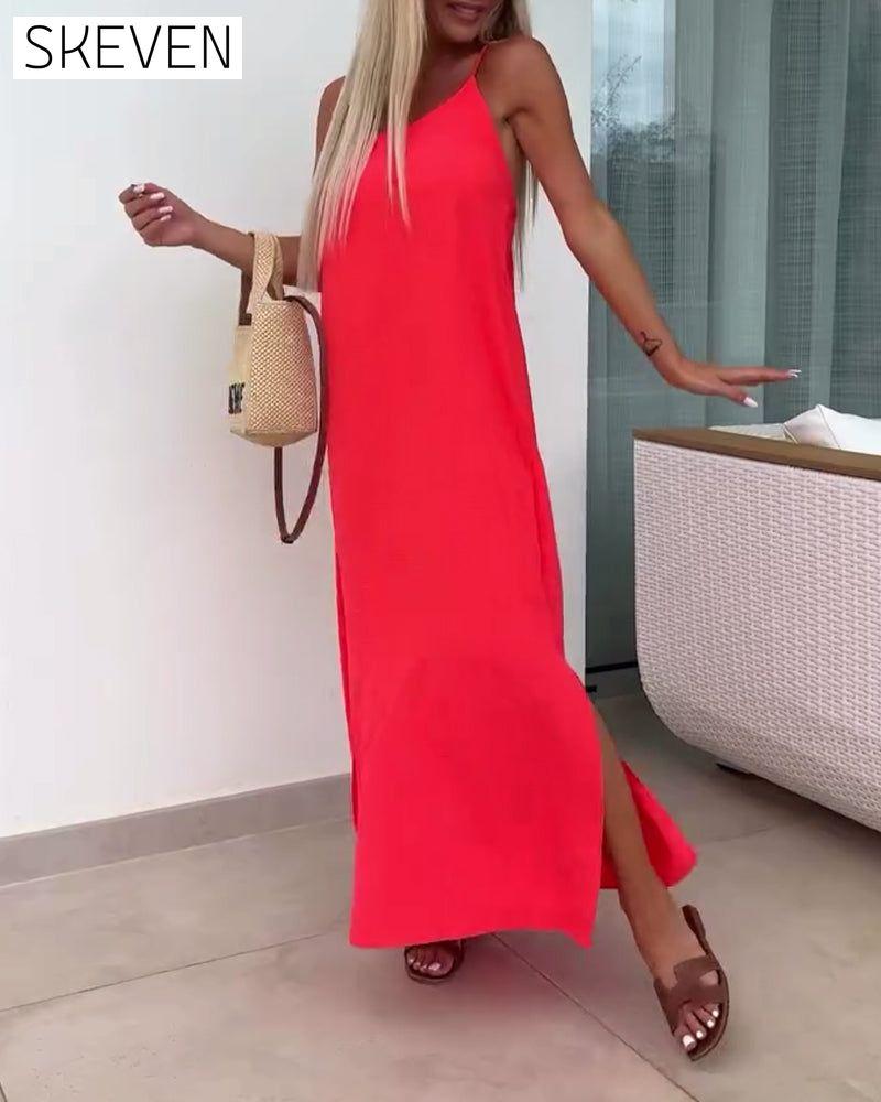 Ärmelloses, trägerloses, einfarbiges Kleid mit Schlitz