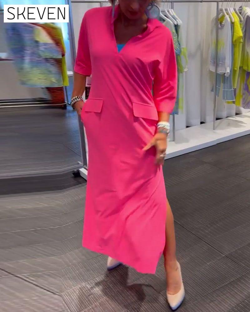 Slit V-neck solid color dress