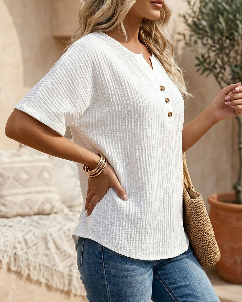 Textured Triple-Button Short Sleeve Blouse