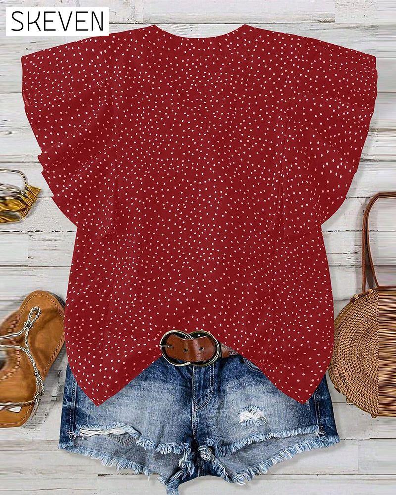 Bluse mit Rüschenärmeln, V-Ausschnitt und Polka-Dots