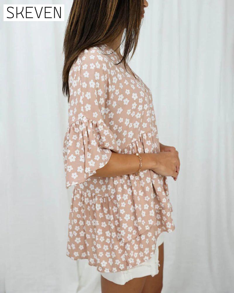 Bluse mit V-Ausschnitt, Trompetenärmeln und Blumenmuster