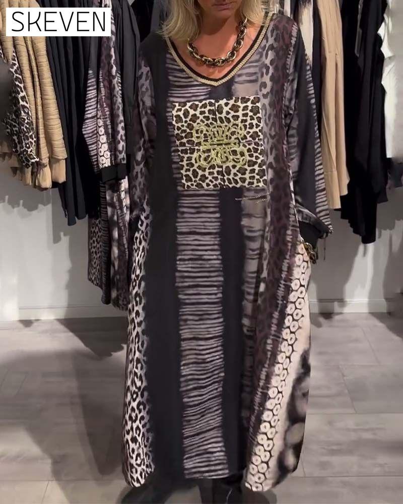 Casual V-Neck Leopard Print Dress