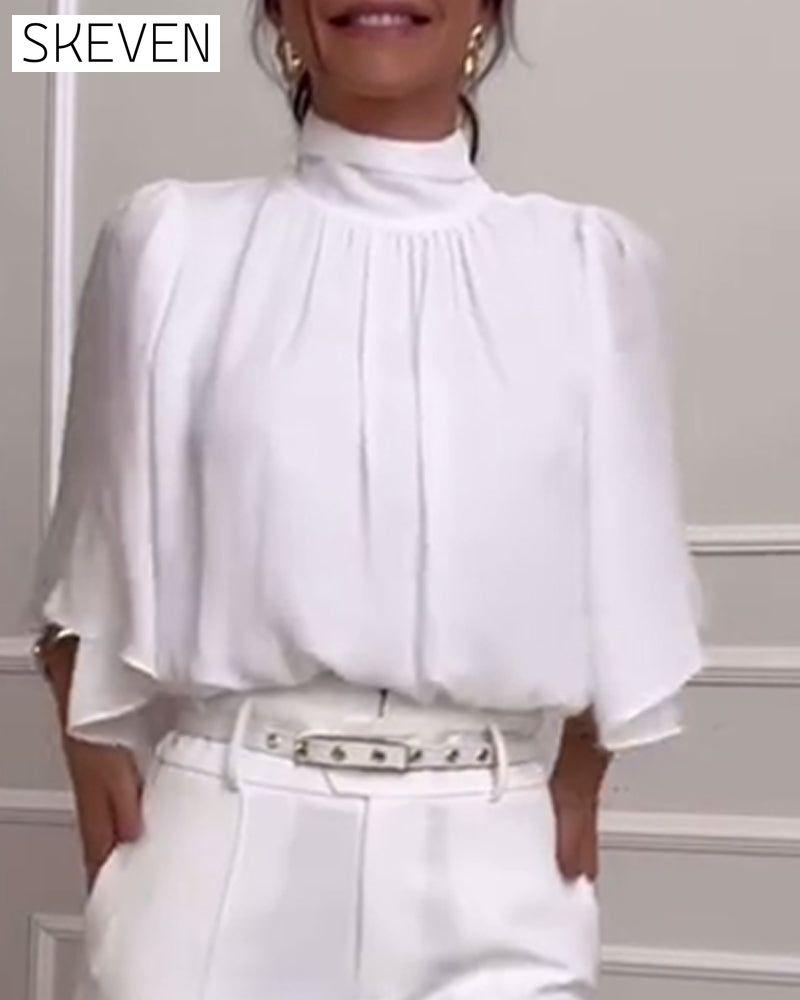 Solid color high collar  butterfly sleeve blouse