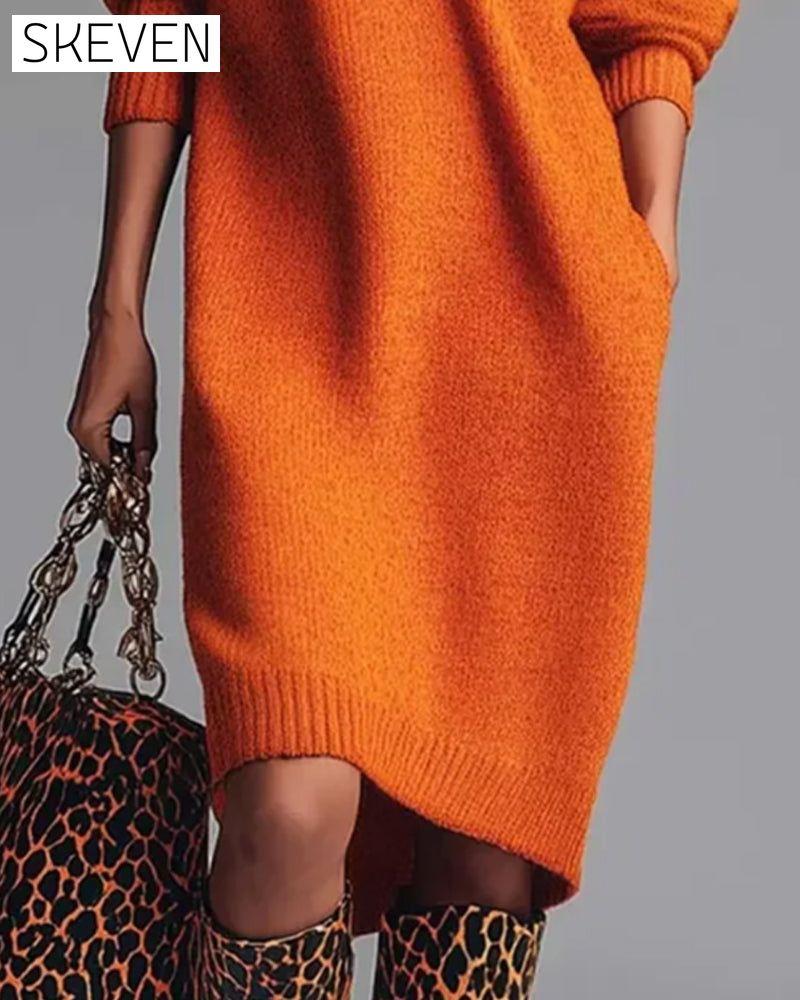 Solid Color Button High Neck Dress
