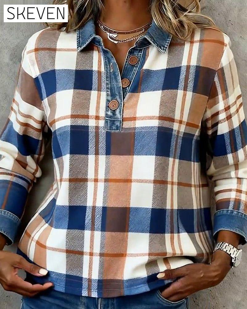 Lässige Jeansbluse mit Patchwork-Karomuster