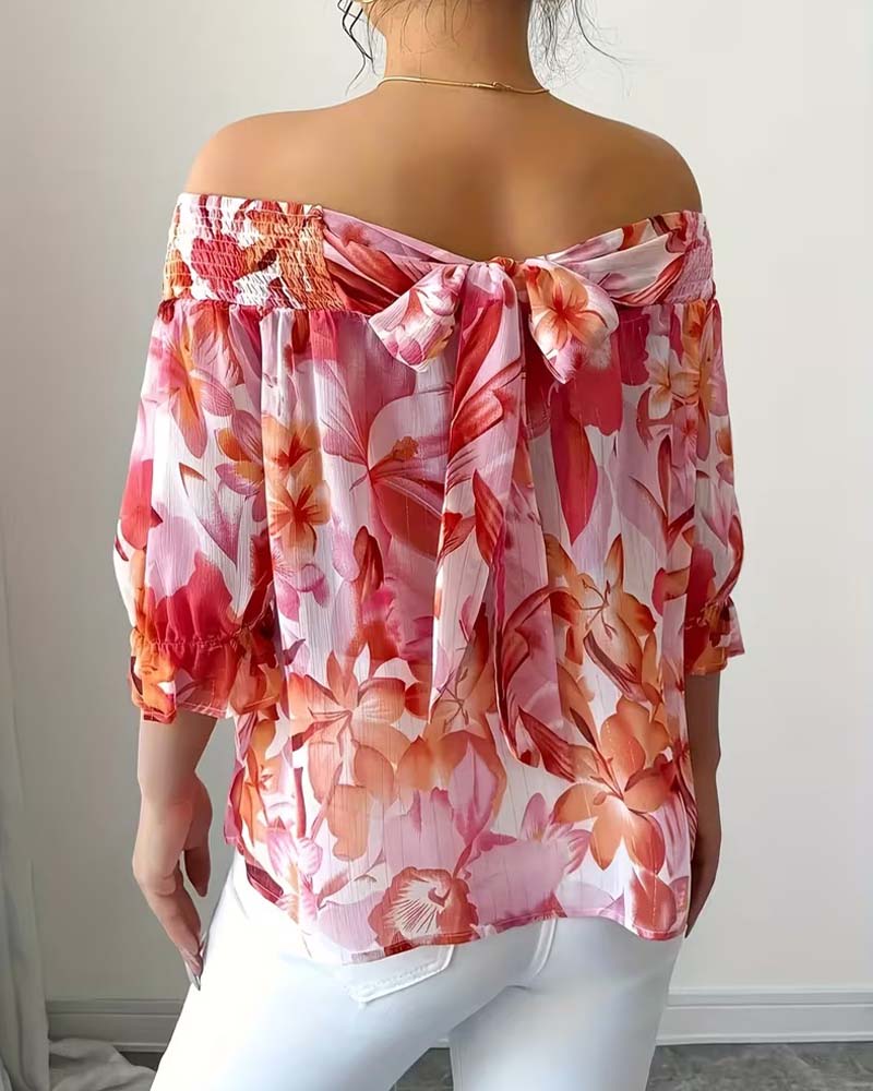 Off-Shoulder Print Bubble Sleeve Blouse