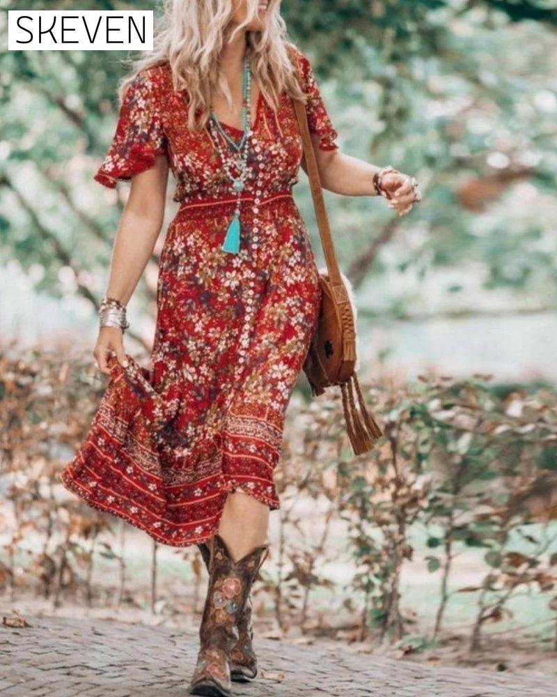 Boho printed short-sleeve slit dress 202466 boho dresses summer