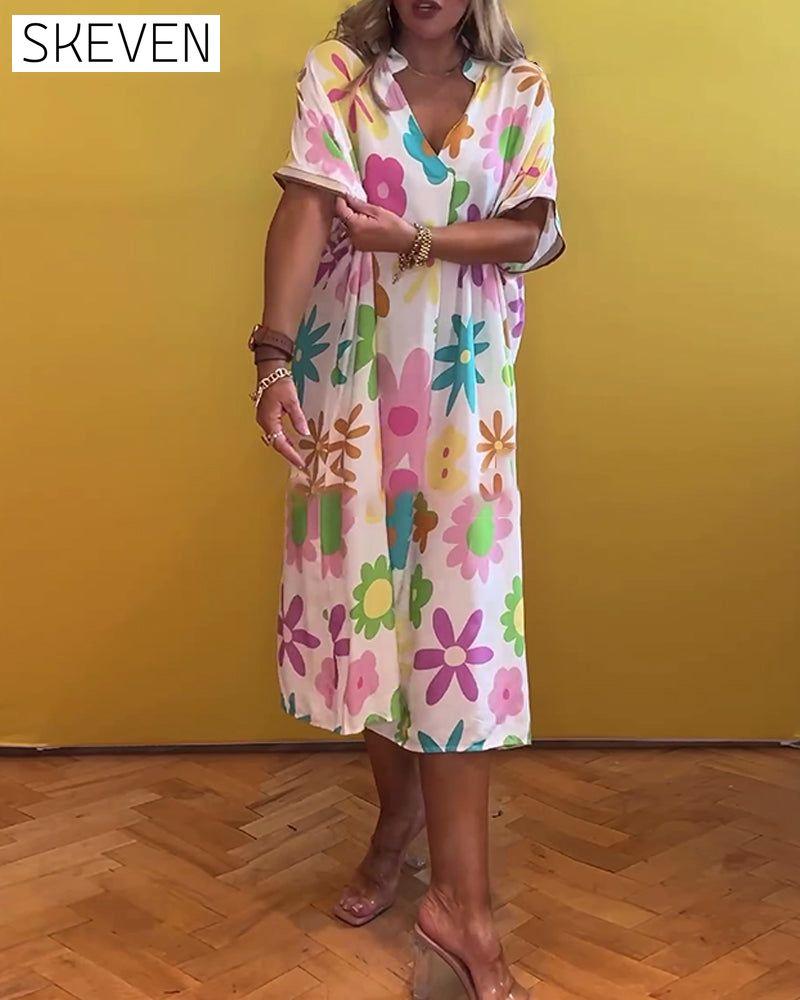 Loose V-neck floral print dress