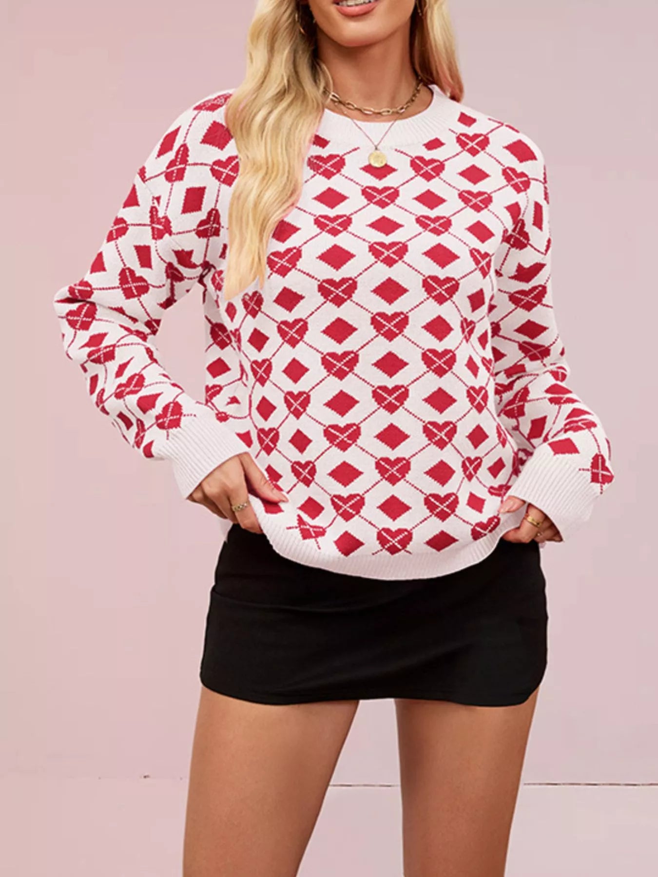 Heart Pattern Argyle Knit Long Sleeve Sweater