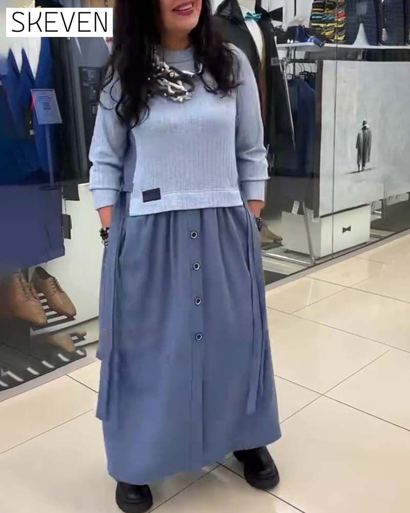 Casual Color-Blocked Round Neck Dress