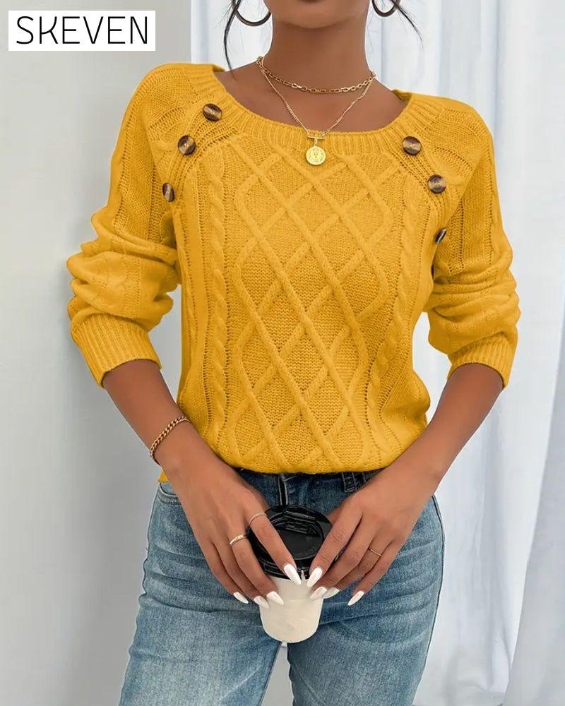 Solid Raglan Sleeve Buckle Cable Knit Jumper