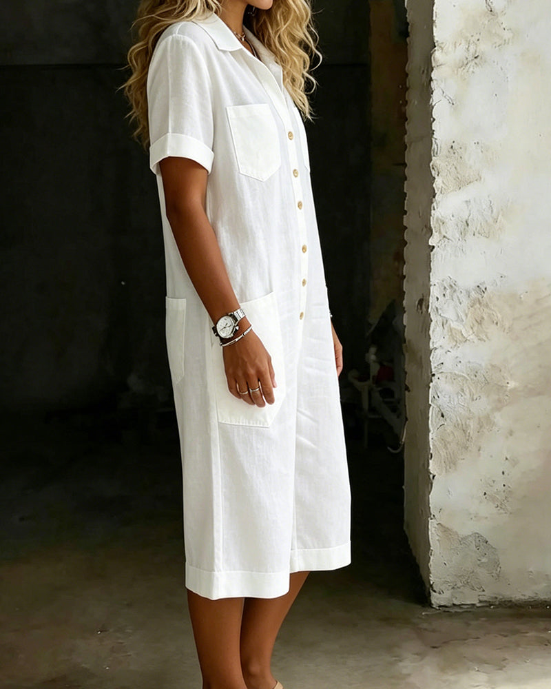 Shirt Collar Button-Front Short Sleeve Jumpsuit