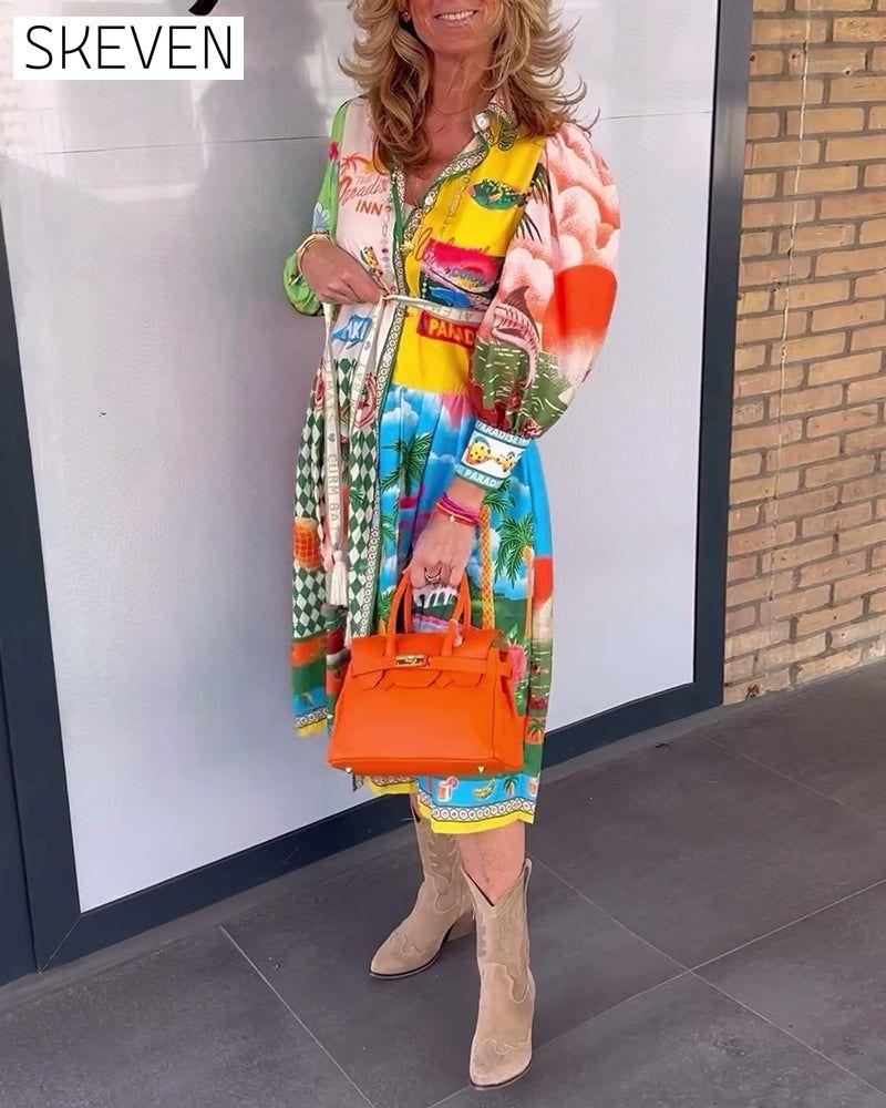 robe à manches longues imprimée colorée à revers