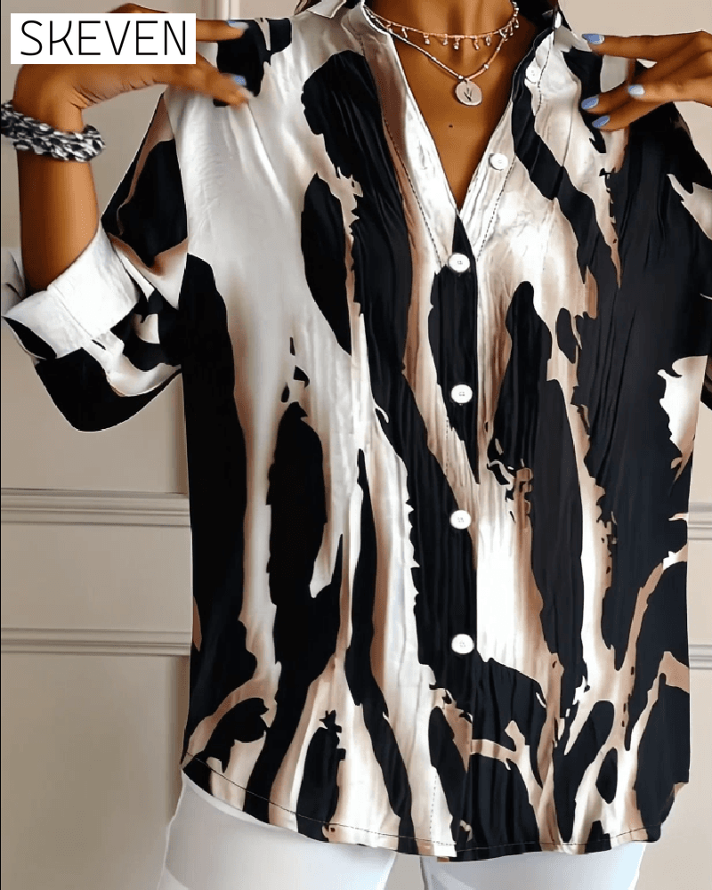 Stand Collar Irregular Printed Blouse