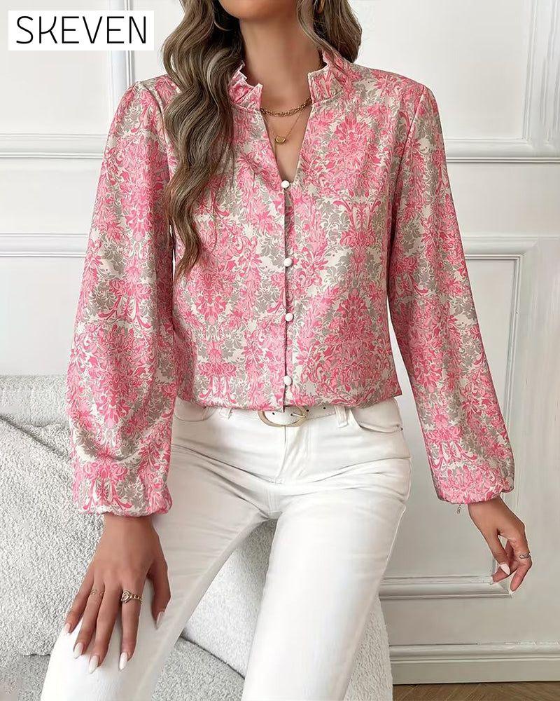 Printed Ruffled Collar Blouse