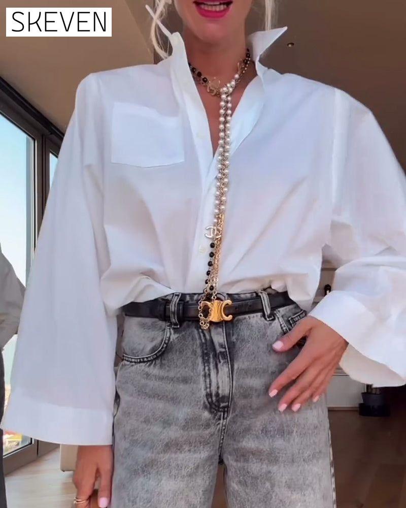 Solid color shirt with lapel pockets 2024 f/w blouses & shirts spring summer