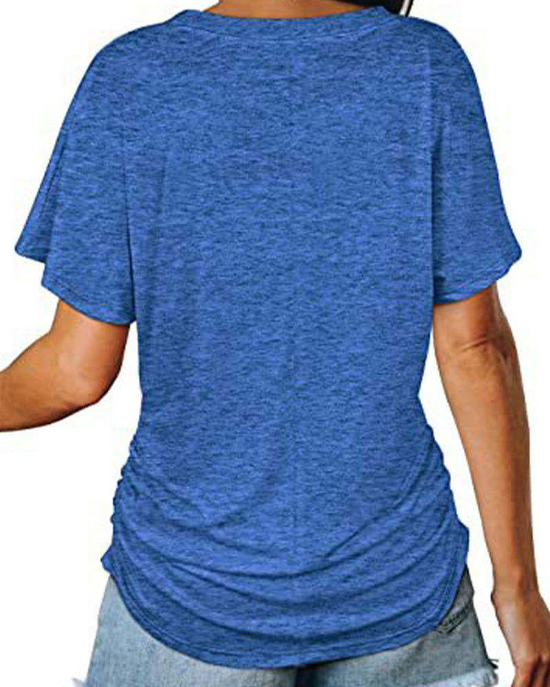 Pleated Solid Color V-Neck T-Shirt