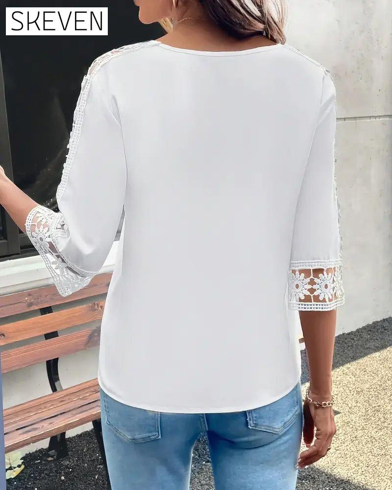 Solid Color Hollow Hook Patchwork T-Shirt