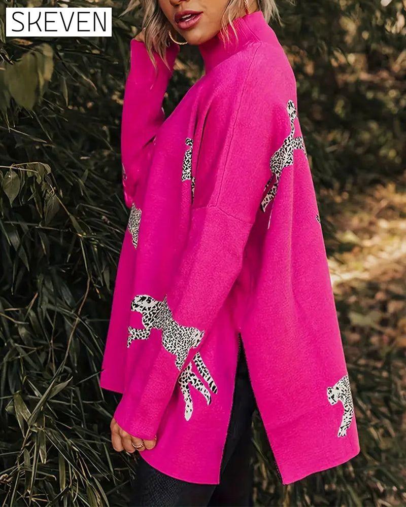Stylish loose high neck leopard print pullover