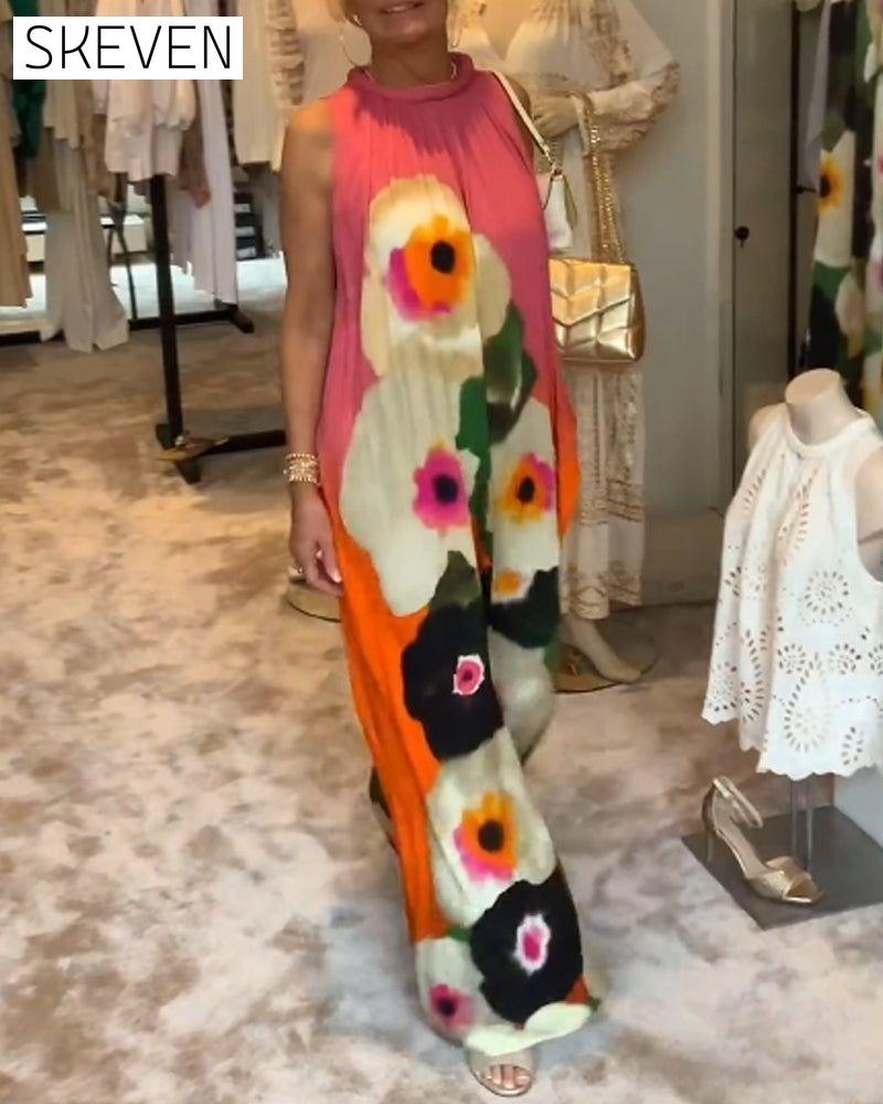 Sleeveless floral print casual long dress