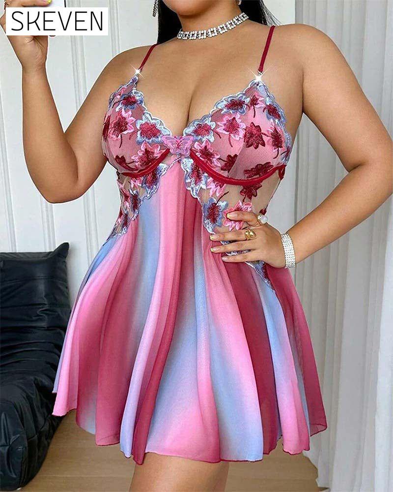 Plus Size Colorful Embroidered Camisole Nightgown