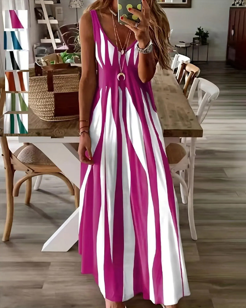 Striped Patchwork Suspender V-Neck Dress